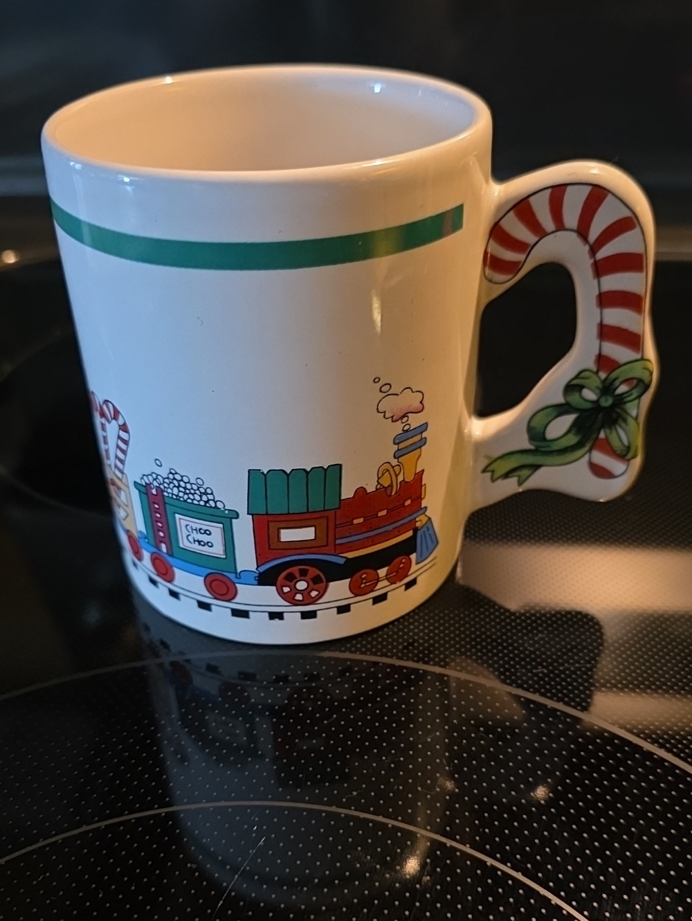 Vintage Holiday Train Mug with Candy Cane Handle - White Green Red